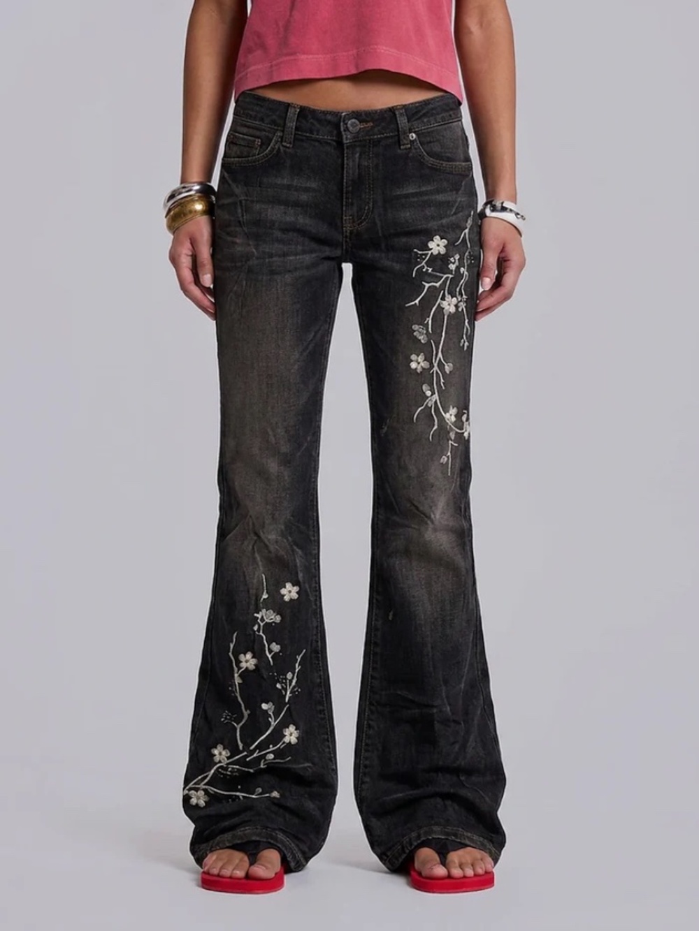 Y2K Washed Black Floral Flared Jeans Low Rise Denim M
